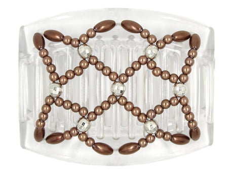 African Butterfly Hair Comb - Ndalena Clear 131 - mocha pearl beads, silver disco beads, white background