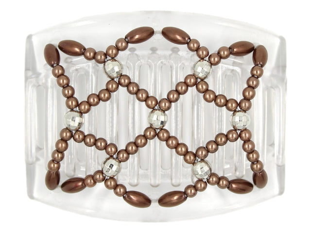 African Butterfly Hair Comb - Ndalena Clear 131 - mocha pearl beads, silver disco beads, white background