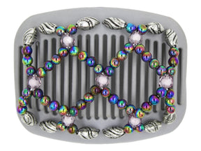 African Butterfly Hair Comb - Ndalena Gray 20 - rainbow beads and silver with black etched edge beads, white background