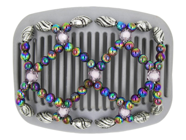 African Butterfly Hair Comb - Ndalena Gray 20 - rainbow beads and silver with black etched edge beads, white background