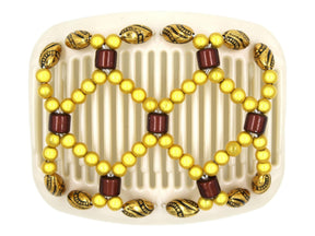 African Butterfly Hair Comb - Ndalena White Pearl 13 - burgundy magic beads, golden yellow magic beads, gold with black etched beads, white background