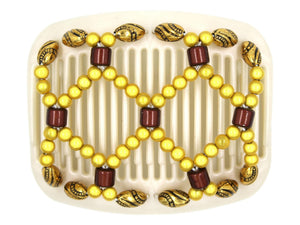 African Butterfly Hair Comb - Ndalena White Pearl 13 - burgundy magic beads, golden yellow magic beads, gold with black etched beads, white background