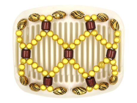 African Butterfly Hair Comb - Ndalena White Pearl 13 - burgundy magic beads, golden yellow magic beads, gold with black etched beads, white background