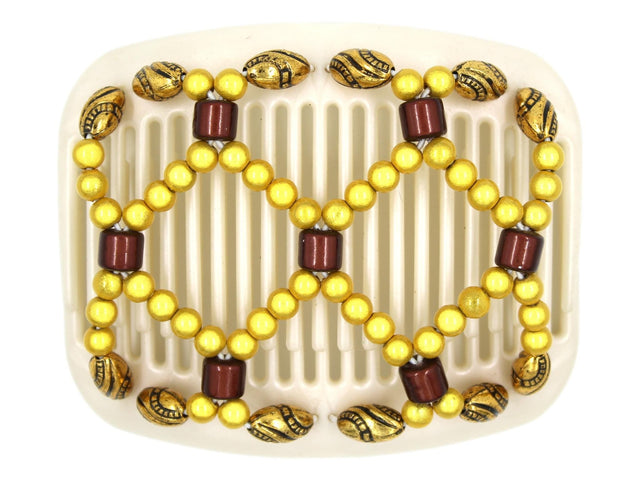 African Butterfly Hair Comb - Ndalena White Pearl 13 - burgundy magic beads, golden yellow magic beads, gold with black etched beads, white background