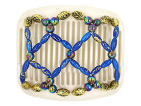 African Butterfly Hair Comb - Ndalena White Pearl 14 - rainbow beads, royal blue with gold swirl beads, gold with black etched beads, white background