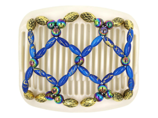 African Butterfly Hair Comb - Ndalena White Pearl 14 - rainbow beads, royal blue with gold swirl beads, gold with black etched beads, white background