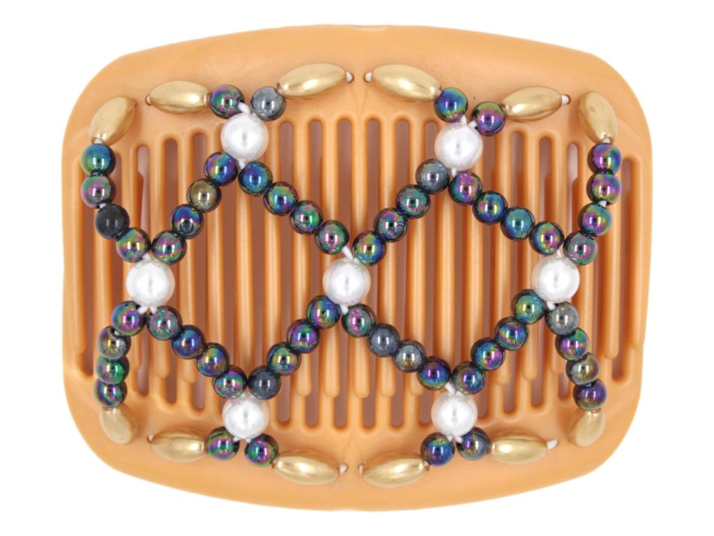 African Butterfly Hair Comb - Ndalena Blonde Pearl 16 - white pearl accent beads, rainbow beads, gold pearly edge beads, white background