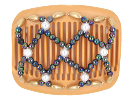 African Butterfly Hair Comb - Ndalena Blonde Pearl 16 - white pearl accent beads, rainbow beads, gold pearly edge beads, white background