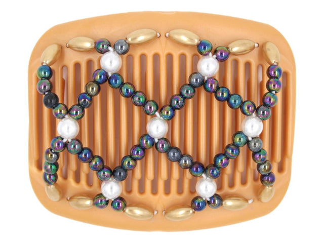 African Butterfly Hair Comb - Ndalena Blonde Pearl 16 - white pearl accent beads, rainbow beads, gold pearly edge beads, white background