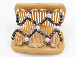 African Butterfly Hair Comb - Ndalena Blonde Pearl 16 - white pearl accent beads, rainbow beads, gold pearly edge beads, shown open, white background