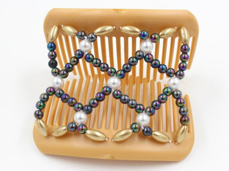 African Butterfly Hair Comb - Ndalena Blonde Pearl 16 - white pearl accent beads, rainbow beads, gold pearly edge beads, shown open, white background