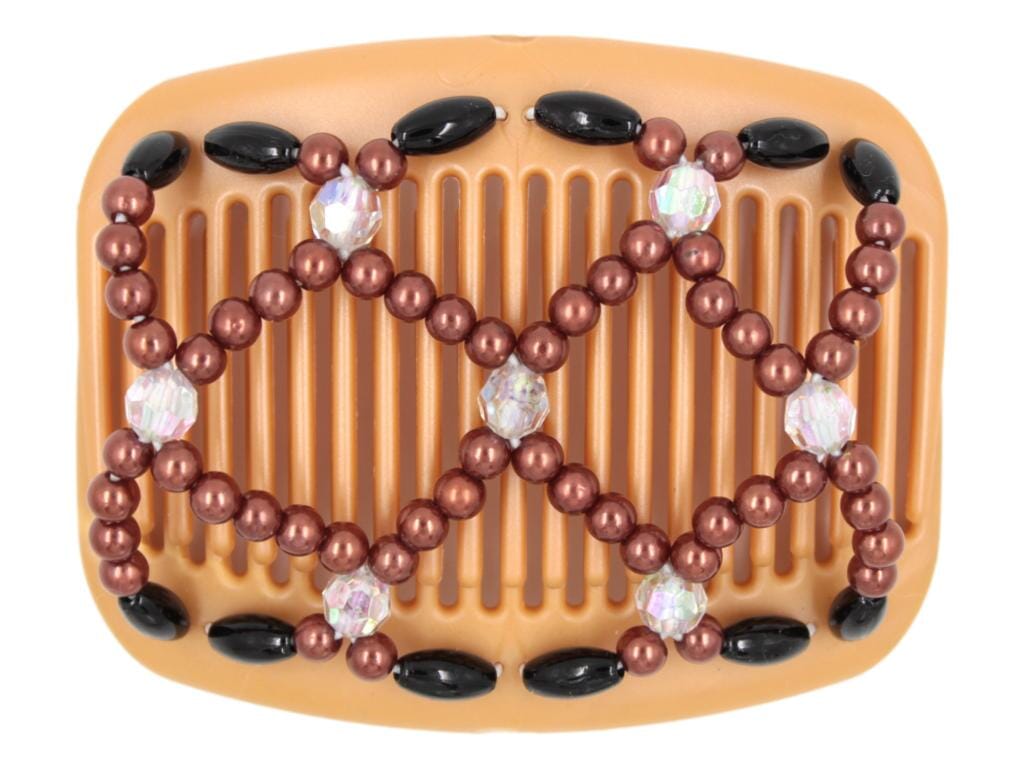 African Butterfly Hair Comb - Ndalena Blonde Pearl 17 - aurora borealis accent beads, copper pearly beads, black edge beads, white background