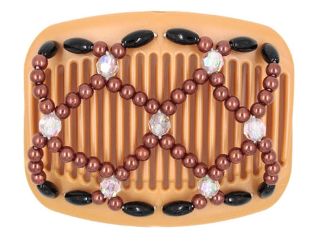 African Butterfly Hair Comb - Ndalena Blonde Pearl 17 - aurora borealis accent beads, copper pearly beads, black edge beads, white background