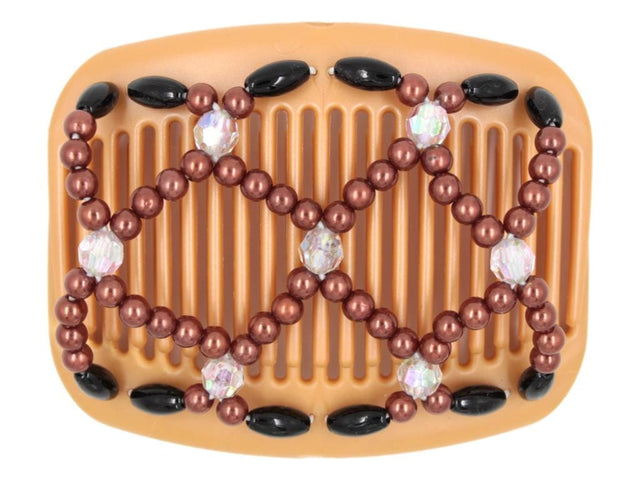African Butterfly Hair Comb - Ndalena Blonde Pearl 17 - aurora borealis accent beads, copper pearly beads, black edge beads, white background