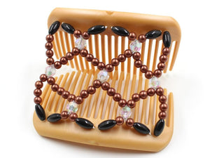 African Butterfly Hair Comb - Ndalena Blonde Pearl 17 - aurora borealis accent beads, copper pearly beads, black edge beads, shown open, white background