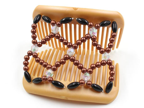 African Butterfly Hair Comb - Ndalena Blonde Pearl 17 - aurora borealis accent beads, copper pearly beads, black edge beads, shown open, white background
