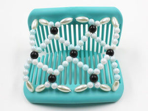 African Butterfly Ndalena Turquoise Hair Comb 21 - baby blue white ombre, black, white pearl beads, shown open, white background