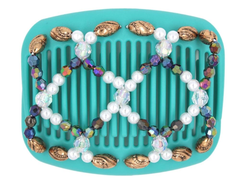 African Butterfly Ndalena Turquoise Hair Comb 22 - white pearl, rainbow, aurora borealis, copper black-etched beads, white background