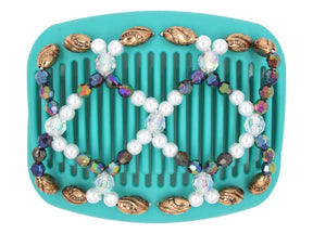 African Butterfly Ndalena Turquoise Hair Comb 22 - white pearl, rainbow, aurora borealis, copper black-etched beads, white background