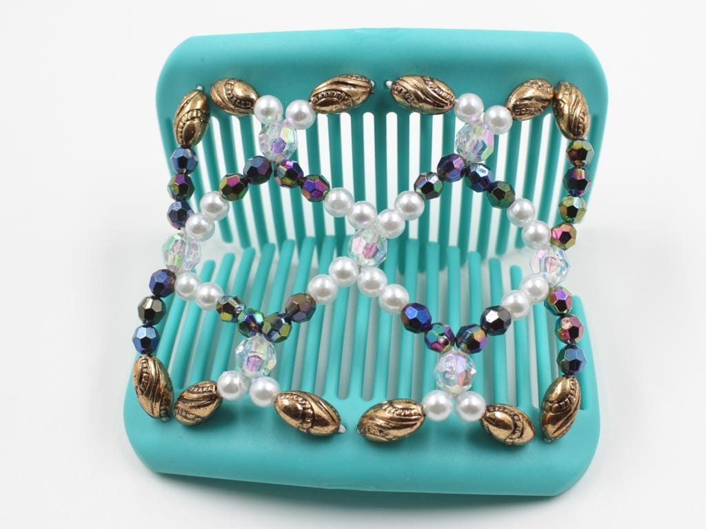 African Butterfly Ndalena Turquoise Hair Comb 22 - white pearl, rainbow, aurora borealis, copper black-etched beads, shown open, white background