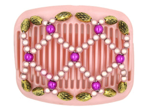 African Butterfly Hair Comb - Ndalena Pink Pearl 09 - rose pink magic beads, fuchsia beads, gold beads with black etching, white background