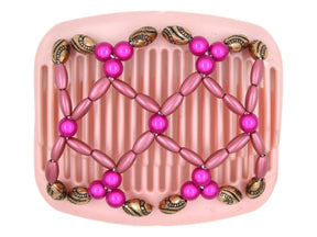 African Butterfly Hair Comb - Ndalena Pink Pearl 10 - fuchsia magic beads, dusty rose pearly beads, copper with black etched beads, white background