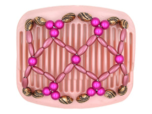 African Butterfly Hair Comb - Ndalena Pink Pearl 10 - fuchsia magic beads, dusty rose pearly beads, copper with black etched beads, white background