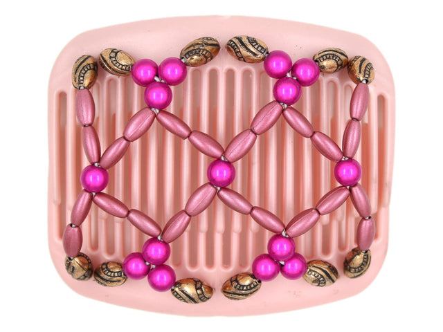 African Butterfly Hair Comb - Ndalena Pink Pearl 10 - fuchsia magic beads, dusty rose pearly beads, copper with black etched beads, white background