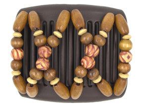 African Butterfly Chameleon Hair Comb - Beada Brown 80 - printed bohemian wood beads, medium dark brown wood beads, beige wood accent beads, brown sugar wood beads, white background
