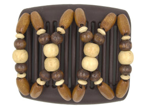 African Butterfly Chameleon Hair Comb - Beada Brown 81 - blonde wood beads, dark brown wood beads, blonde wood accent beads, medium brown sugar wood beads, white background