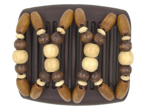 African Butterfly Chameleon Hair Comb - Beada Brown 81 - blonde wood beads, dark brown wood beads, blonde wood accent beads, medium brown sugar wood beads, white background
