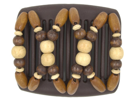 African Butterfly Chameleon Hair Comb - Beada Brown 81 - blonde wood beads, dark brown wood beads, blonde wood accent beads, medium brown sugar wood beads, white background