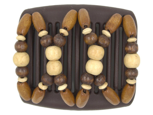 African Butterfly Chameleon Hair Comb - Beada Brown 81 - blonde wood beads, dark brown wood beads, blonde wood accent beads, medium brown sugar wood beads, white background