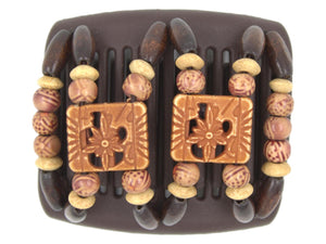 African Butterfly Chameleon Hair Comb - Dupla Brown 71 - burnt sienna square acrylic beads, boho wood beads, tan wood accent beads, dark chocolate brown wood beads along the edges, white background