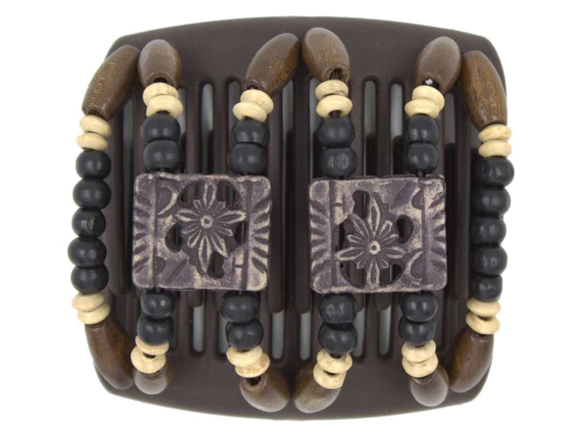 African Butterfly Chameleon Hair Comb - Dupla Brown 72 - soft black square acrylic beads, black wood beads, cream wood accent beads, dark brown wood beads along the edges, brown comb base, white background