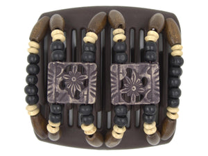 African Butterfly Chameleon Hair Comb - Dupla Brown 72 - soft black square acrylic beads, black wood beads, cream wood accent beads, dark brown wood beads along the edges, brown comb base, white background