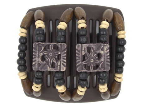 African Butterfly Chameleon Hair Comb - Dupla Brown 72 - soft black square acrylic beads, black wood beads, cream wood accent beads, dark brown wood beads along the edges, brown comb base, white background