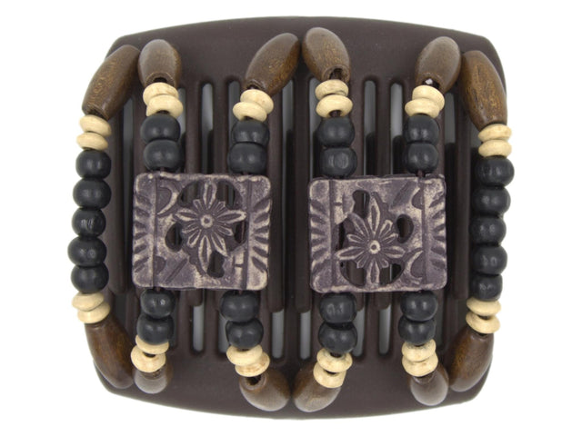 African Butterfly Chameleon Hair Comb - Dupla Brown 72 - soft black square acrylic beads, black wood beads, cream wood accent beads, dark brown wood beads along the edges, brown comb base, white background