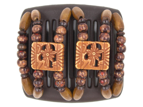 African Butterfly Chameleon Hair Comb - Dupla Brown 73 - dark brown and red wood boho beads, dark brown accent wood beads, brown sugar wood beads along the edges, white background