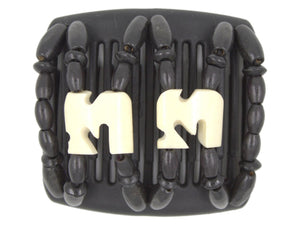 African Butterfly Chameleon Hair Comb - Stones & Bones Black 55 - ivory Batik bone beads in the center, black wood beads throughout the rest of the design, white background