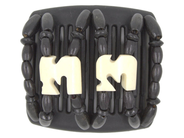 African Butterfly Chameleon Hair Comb - Stones & Bones Black 55 - ivory Batik bone beads in the center, black wood beads throughout the rest of the design, white background