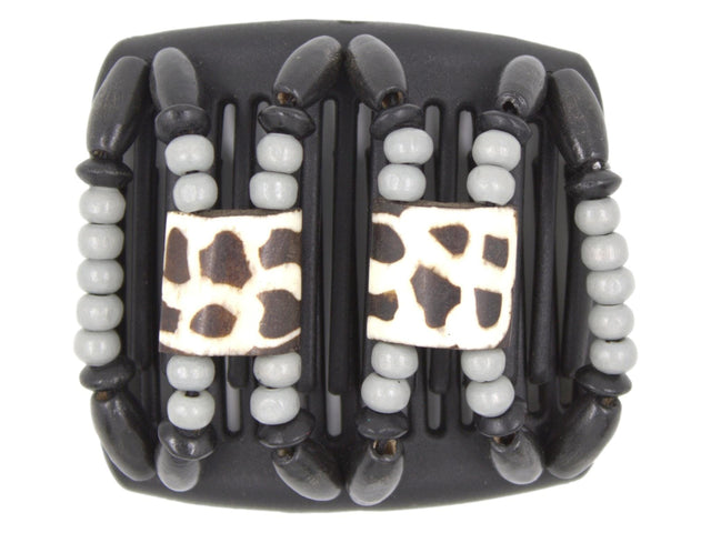African Butterfly Chameleon Hair Comb - Stones & Bones Black 56 - ivory Batik flag bone beads with dark brown polka dots, light gray wood beads, black wood beads, white background