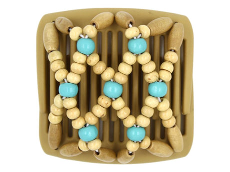 African Butterfly Chameleon Hair Comb - Ndebele Blonde 37 - hair comb with aqua and beige wooden beads on a white background