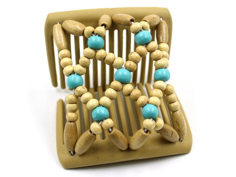 African Butterfly Chameleon Hair Comb - Ndebele Blonde 37 - hair comb with aqua and beige wooden beads on a white background