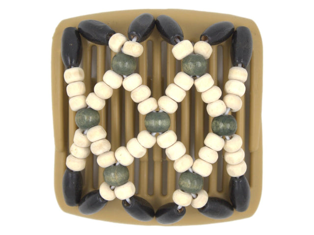 African Butterfly Chameleon Hair Comb - Ndebele Blonde 39 - army green wood center beads, cream beads, elongated black beads along the edges, white background