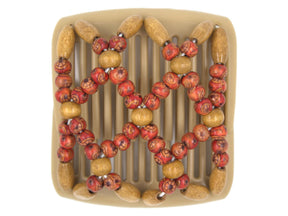 African Butterfly Chameleon Hair Comb - Ndebele Blonde 40 - red boho wood beads, russet brown wood beads, white background