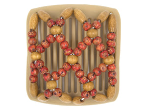 African Butterfly Chameleon Hair Comb - Ndebele Blonde 40 - red boho wood beads, russet brown wood beads, white background