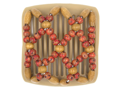 African Butterfly Chameleon Hair Comb - Ndebele Blonde 40 - red boho wood beads, russet brown wood beads, white background