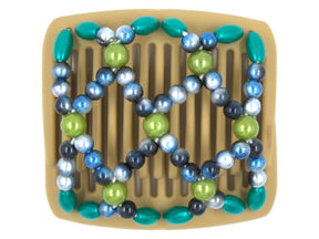 African Butterfly Chameleon Hair Comb - Ndalena Blonde 35 - ombre blue beads, lime-green round beads, teal oval beads, white background