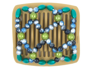 African Butterfly Chameleon Hair Comb - Ndalena Blonde 35 - ombre blue beads, lime-green round beads, teal oval beads, white background